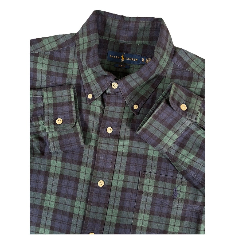 Polo Ralph Lauren Slim Fit Blue Green Plaid Cotton‎ L/S Btn Dwn Shirt Men's XL
